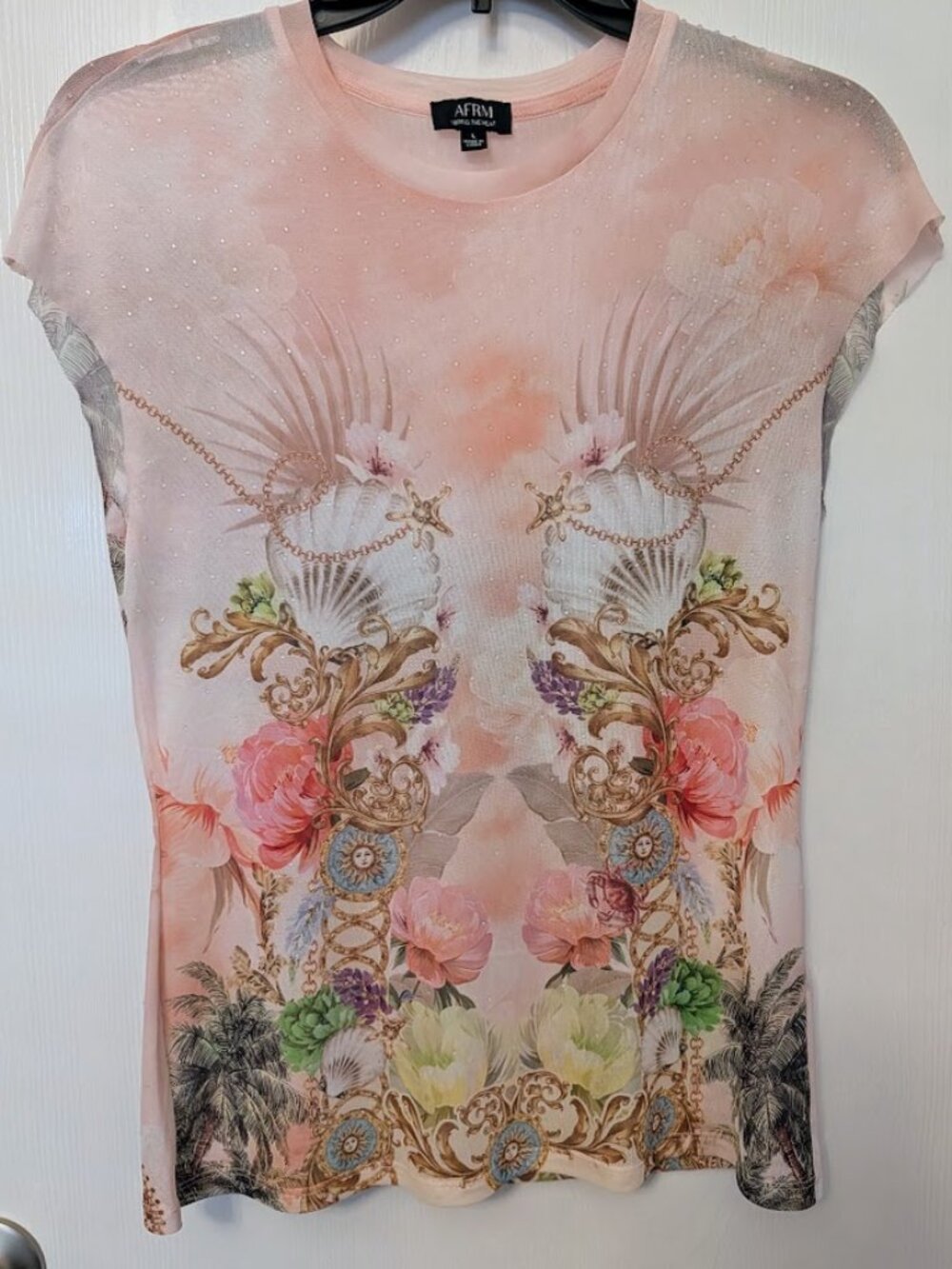 AFRM pale pink floral mesh top Size L NWOT